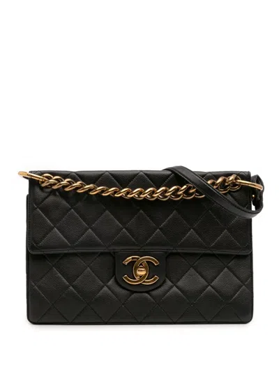 Pre-owned Chanel 2013-2014 Jumbo Cc Quilted Caviar Chunky Chain Flap Shoulder Bag In Black
