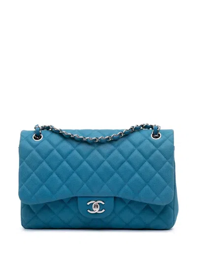 Pre-owned Chanel 2013-2014 Jumbo Classic Caviar Double Flap Shoulder Bag In Blue