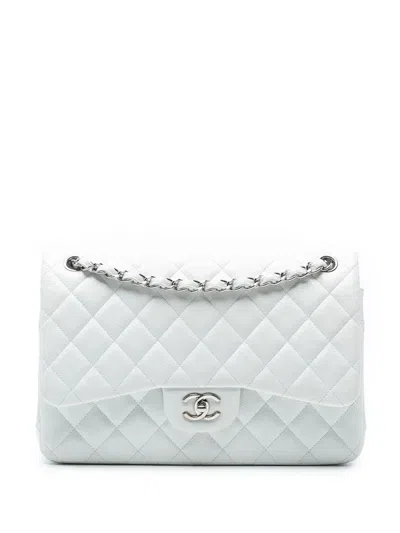 Pre-owned Chanel 2013-2014 Jumbo Classic Caviar Double Flap Shoulder Bag In White
