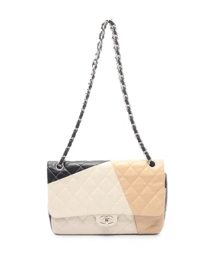 Pre-owned Chanel 2013-2014 Jumbo Classic Colorblock Lambskin Double Flap Shoulder Bag In Brown
