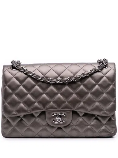 Pre-owned Chanel 2013-2014 Jumbo Classic Lambskin Double Flap Shoulder Bag In Gray