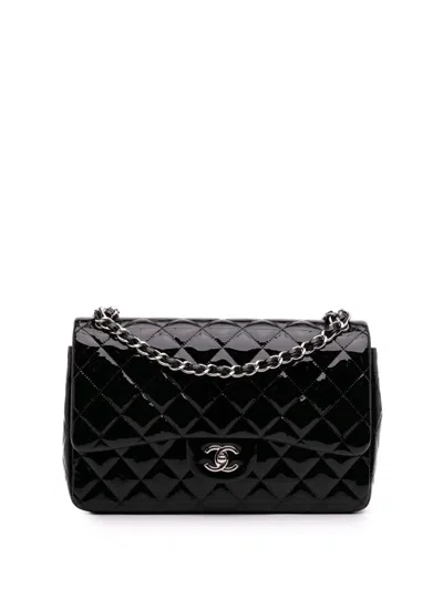 Pre-owned Chanel 2013-2014 Jumbo Classic Patent Double Flap Shoulder Bag In Black