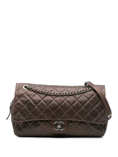 Pre-owned Chanel 2013-2014 Jumbo Quilted Iridescent Caviar Easy Flap Shoulder Bag In Brown