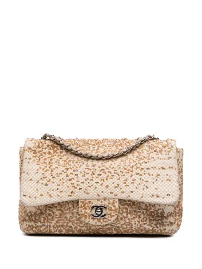 Pre-owned Chanel 2013-2014 Jumbo Raffia Sequin Single Flap Shoulder Bag In Brown