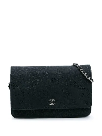 Pre-owned Chanel 2013-2014 Lace Overlay Goatskin Wallet On Chain Crossbody Bag In Blue