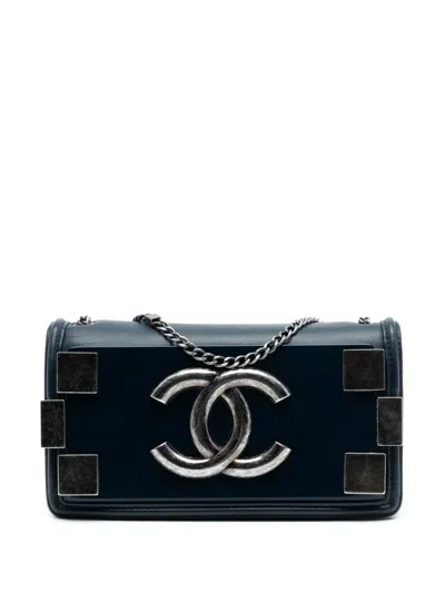 Pre-owned Chanel 2013-2014 Lambskin And Acrylic Boy Brick Horizontal Flap Crossbody Bag In Blue