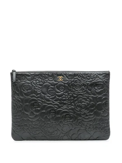 Pre-owned Chanel 2013-2014 Large Cc Embossed Lambskin Camellia O Case Clutch Bag In Black