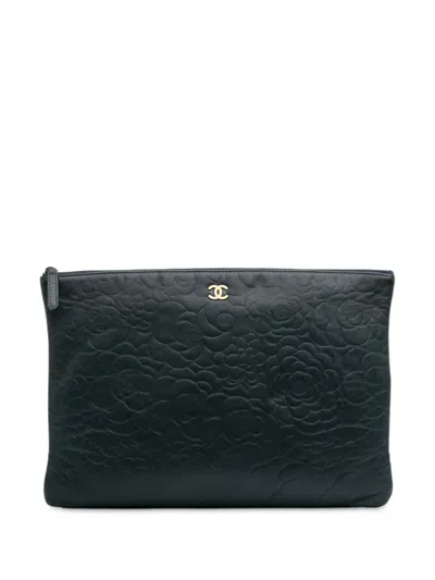Pre-owned Chanel 2013-2014 Large Cc Embossed Lambskin Camellia O Case Clutch Bag In Blue