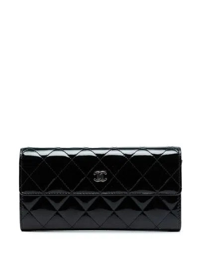 Pre-owned Chanel 2013-2014 Large Cc Quilted Patent Flap Wallet Long Wallets In Black