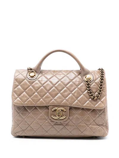 Pre-owned Chanel 2013-2014 Large Glazed Calfskin Castle Rock Top Handle Flap Satchel In Brown