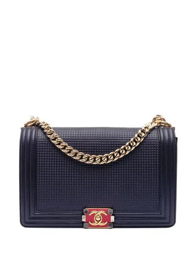 Pre-owned Chanel 2013-2014 Large Lambskin Embossed Boy Cube Flap Crossbody Bag In Blue