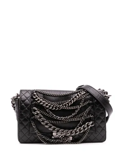 Pre-owned Chanel 2013-2014 Medium Calfskin Enchained Boy Flap Crossbody Bag In Black