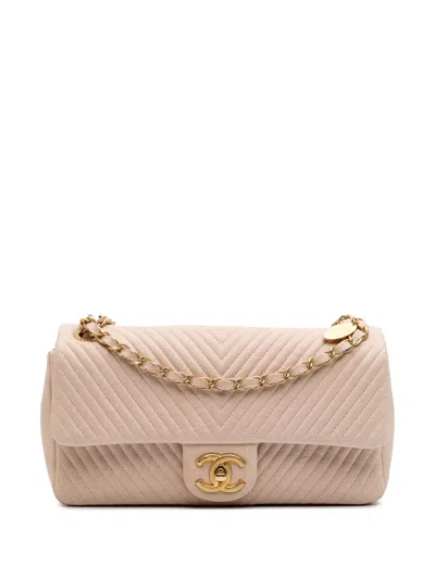 Pre-owned Chanel 2013-2014 Medium Chevron Wrinkled Calfskin Medallion Charm Flap Shoulder Bag In Brown