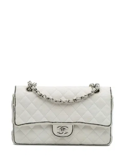 Pre-owned Chanel 2013-2014 Medium Classic Printed Grosgrain Double Flap Shoulder Bag In White