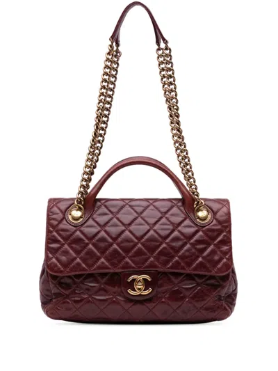 Pre-owned Chanel 2013-2014 Medium Glazed Calfskin Castle Rock Top Handle Flap Satchel In Red