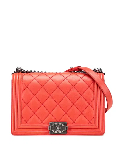 Pre-owned Chanel 2013-2014 Medium Quilted Calfskin Wild Stitch Boy Flap Crossbody Bag In Red