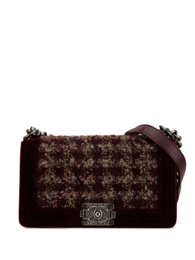 Pre-owned Chanel 2013-2014 Medium Velvet Tweed Boy Flap Shoulder Bag In Red