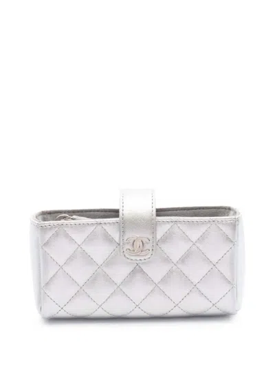 Pre-owned Chanel 2013-2014 Mini Quilted Metallic Lambskin Phone Holder Clutch Pouch In Silver