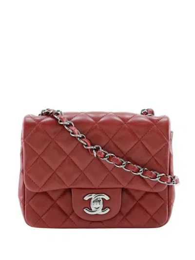 Pre-owned Chanel 2013-2014 Mini Square Classic Lambskin Single Flap Crossbody Bag In Red