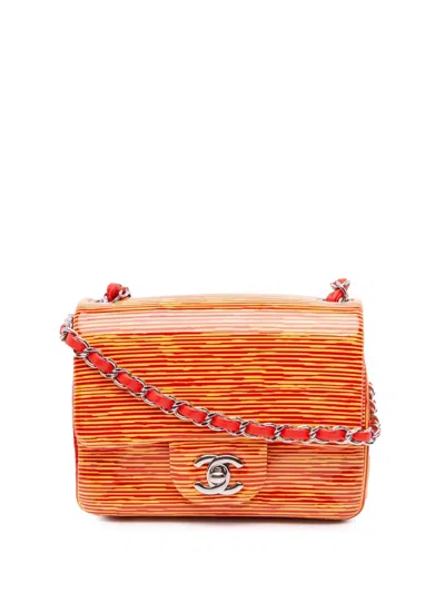 Pre-owned Chanel 2013-2014 Mini Square Classic Patent Striped Single Flap Crossbody Bag