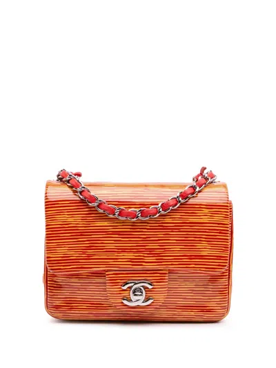 Pre-owned Chanel 2013-2014 Mini Square Classic Patent Striped Single Flap Crossbody Bag