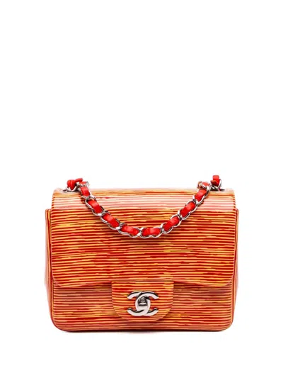 Pre-owned Chanel 2013-2014 Mini Square Classic Patent Striped Single Flap Crossbody Bag In Orange