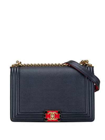 Pre-owned Chanel 2013-2014 New Medium Embossed Lambskin Cube Boy Flap Crossbody Bag In Blue