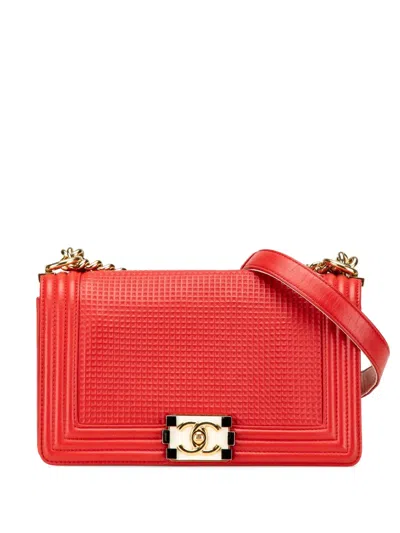 Pre-owned Chanel 2013-2014 Old Medium Lambskin Embossed Cube Boy Flap Crossbody Bag