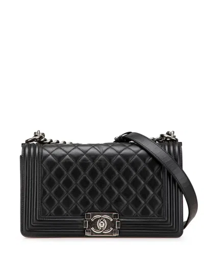Pre-owned Chanel 2013-2014 Old Medium Quilted Lambskin Boy Flap Crossbody Bag In Black