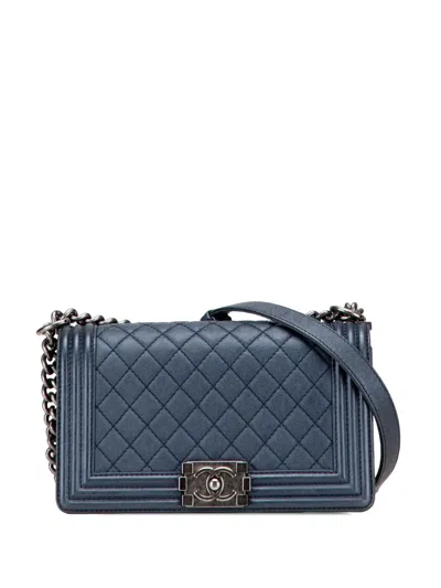 Pre-owned Chanel 2013-2014 Old Medium Quilted Lambskin Boy Flap Crossbody Bag In Blue