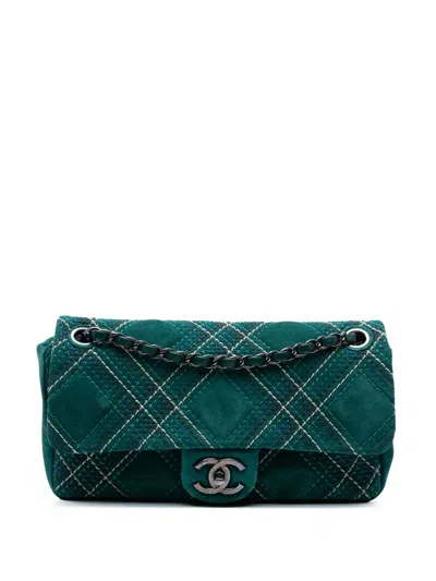 Pre-owned Chanel 2013-2014 Paris Edinburgh Medium Stitched Suede Saltire Single Flap Shoulder Bag In Green