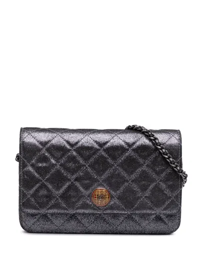 Pre-owned Chanel 2013-2014 Quilted Iridescent Lambskin Tartan Button Wallet On Chain Crossbody Bag