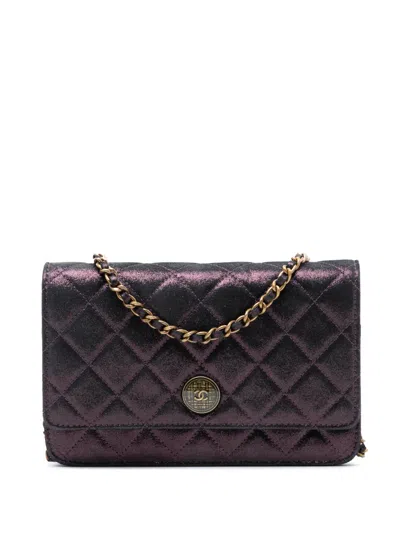 Pre-owned Chanel 2013-2014 Quilted Iridescent Lambskin Tartan Button Wallet On Chain Crossbody Bag In Purple