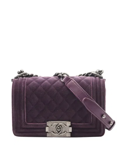 Pre-owned Chanel 2013-2014 Small Quilted Velvet Boy Flap Shoulder Bag In Purple