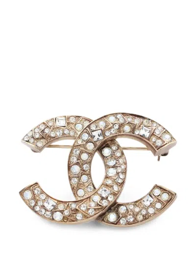 Pre-owned Chanel 2013 Coco Mark Rhinestone Brooch In Gold