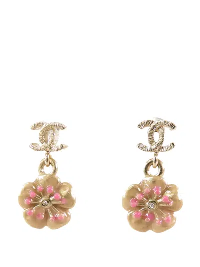Pre-owned Chanel 2013 Gold Plated Enamel And Rhinestone Cc Flower Drop Push Back Earrings Costume Earrings