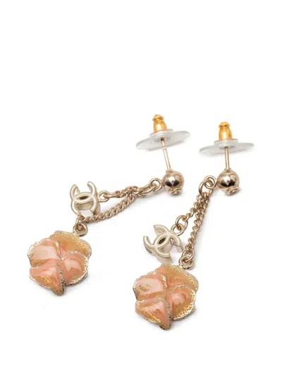 Pre-owned Chanel 2013 Gold Plated Enamel Cc And Flower Drop Push Back Earrings Costume Earrings In Pink