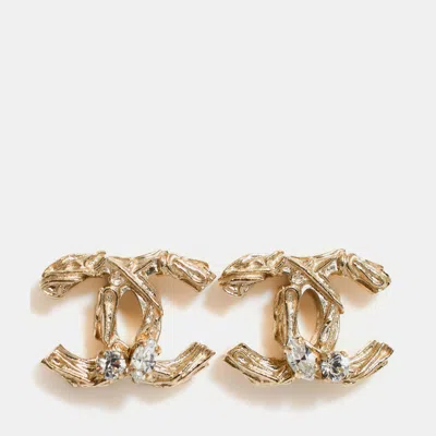 Pre-owned Chanel 2013 Gold Toned Crystal Detail Cc Stud Earrings