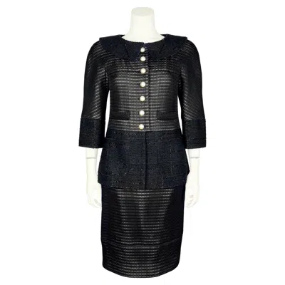 Pre-owned Chanel 2013 Spring Collection Black Tweed And Eyelet Suit With Pearl Buttons