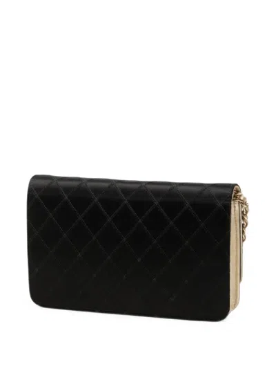 Pre-owned Chanel 2013-2014 Bicolor Satin Diamond Stitch Wallet On Chain Crossbody Bag In Black