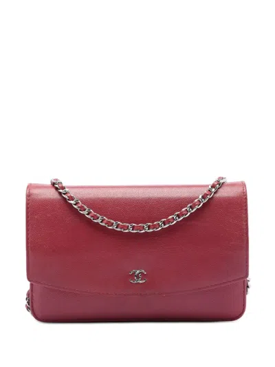 Pre-owned Chanel 2013-2014 Cc Caviar Sevruga Wallet On Chain Crossbody Bag In Red