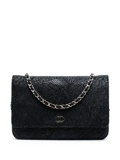 Pre-owned Chanel 2013-2014 Cc Lace Overlay Goatskin Wallet On Chain Crossbody Bag In Black