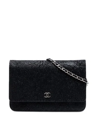 Pre-owned Chanel 2013-2014 Cc Lace Overlay Goatskin Wallet On Chain Crossbody Bag In Black