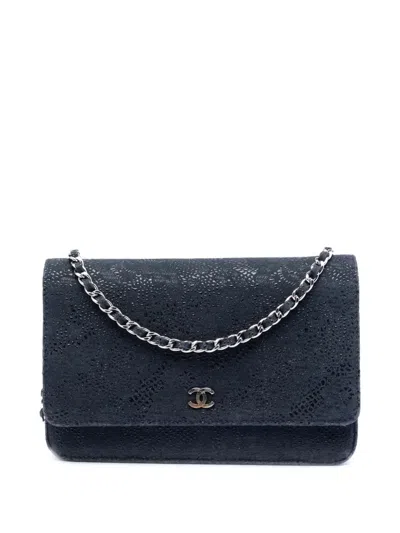 Pre-owned Chanel 2013-2014 Cc Lace Overlay Goatskin Wallet On Chain Crossbody Bag In Blue