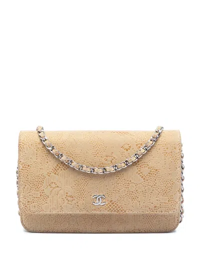 Pre-owned Chanel 2013-2014 Cc Lace Overlay Goatskin Wallet On Chain Crossbody Bag In Neutral