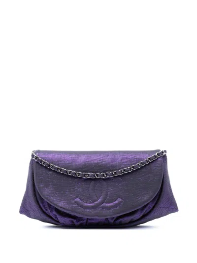 Pre-owned Chanel 2013-2014 Cc Metallic Crackling Lizard Printed Leather Half Moon Wallet On Chain Crossbody Bag In Purple