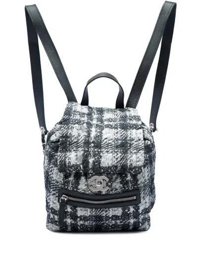 Pre-owned Chanel 2013-2014 Cc Nylon Tweed Printed Backpack In Black