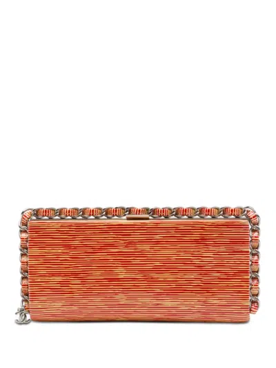 Pre-owned Chanel 2013-2014 Cc Patent Striped Chain Around Clutch Bag In Orange