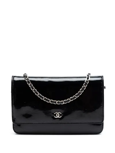 Pre-owned Chanel 2013-2014 Cc Patent Wallet On Chain Crossbody Bag In Black