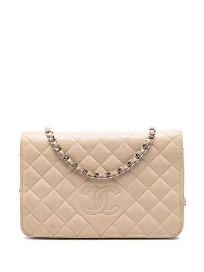 Pre-owned Chanel 2013-2014 Cc Quilted Lambskin Diamond Wallet On Chain Crossbody Bag In Neutral